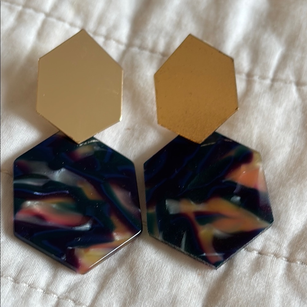 Hexagon Gold and Multicolor Earrings